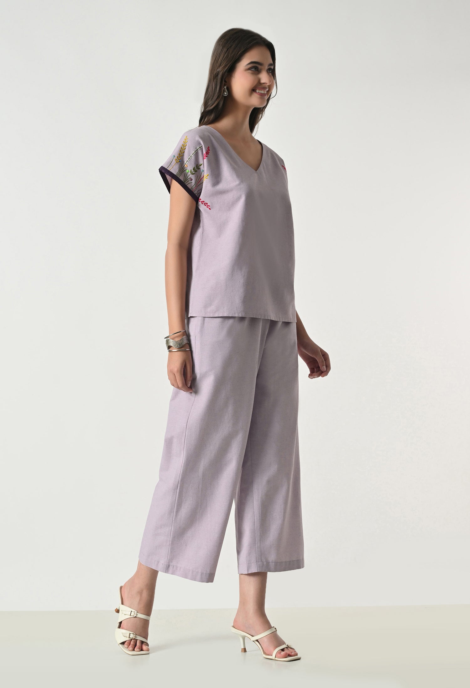 Women’s Purple Floral Embroidery Half Sleeve Top &amp; Palazzo Co-Ord Set