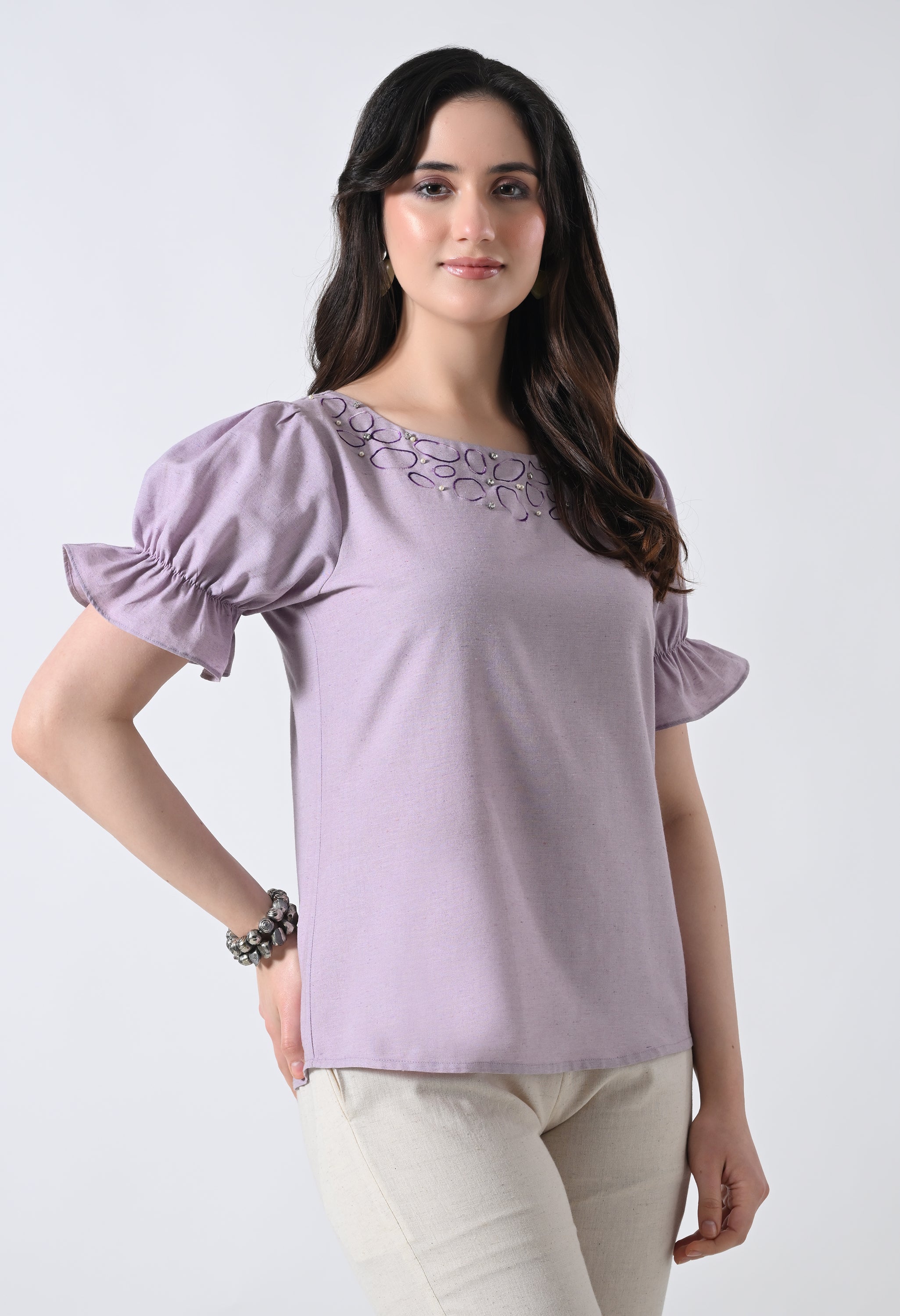 Light Purple Embroidered Half Sleeve Top for Women