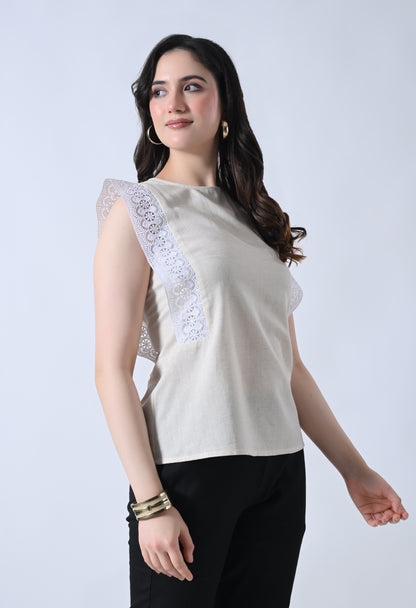 Cream Solid Sleeveless Top for Women