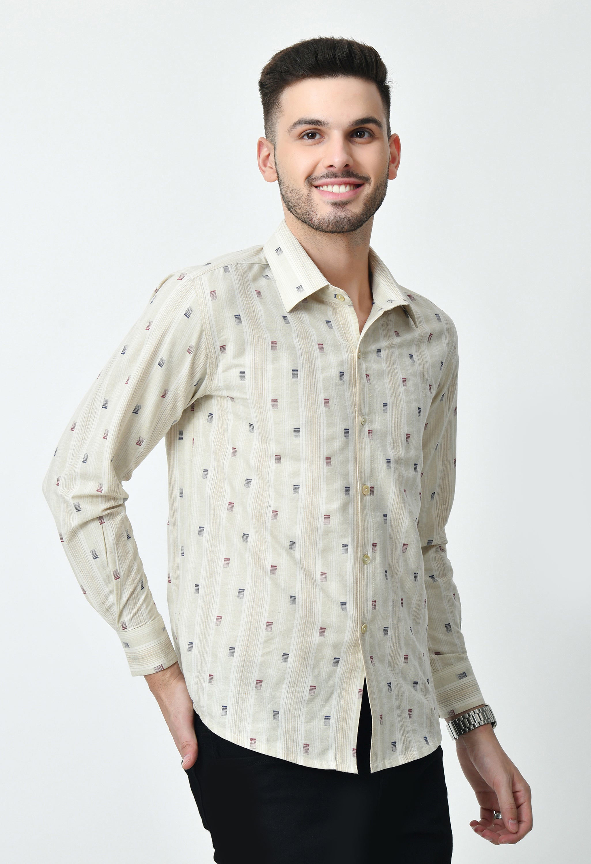 Beige Printed Full Cuff Sleeve Cotton Blend Shirt for Men