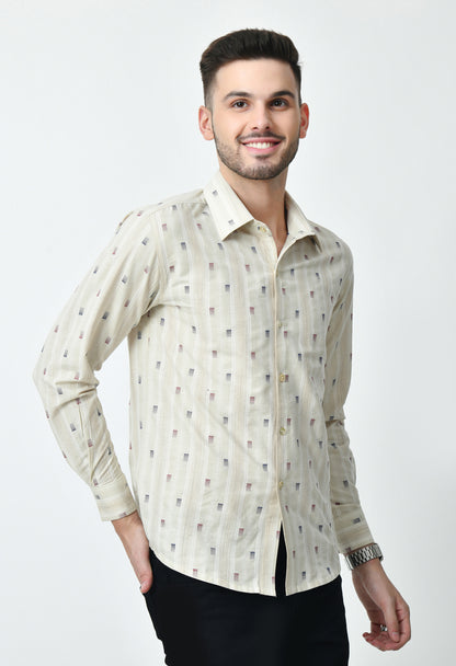 Beige Printed Full Cuff Sleeve Cotton Blend Shirt for Men