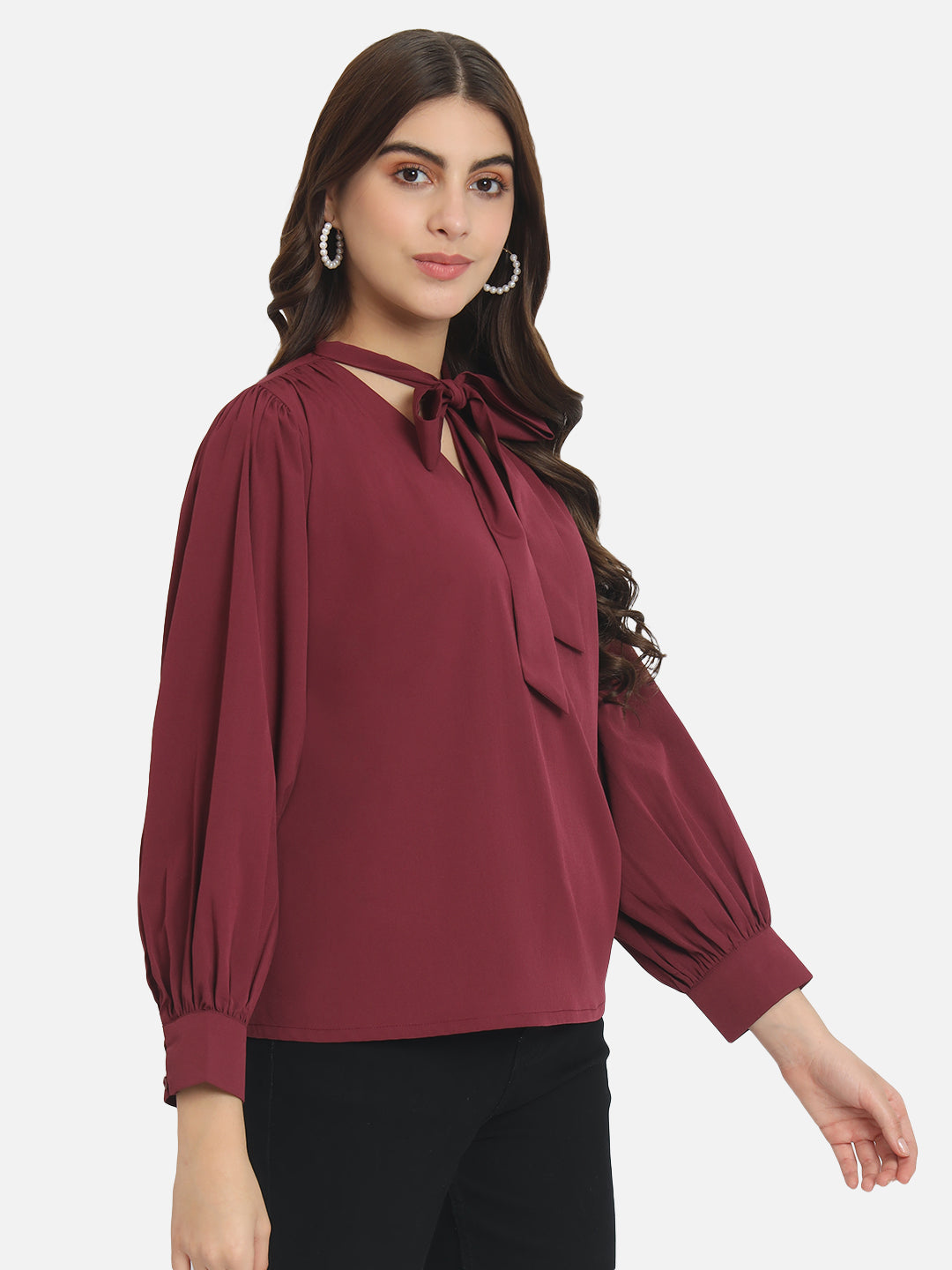 Maroon Solid Tie-Up Neck Top for Women