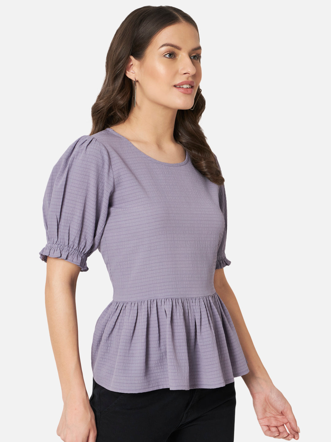 Purple Solid Round Neck Top for Women
