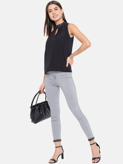 Black Solid Sleeveless Top for Women