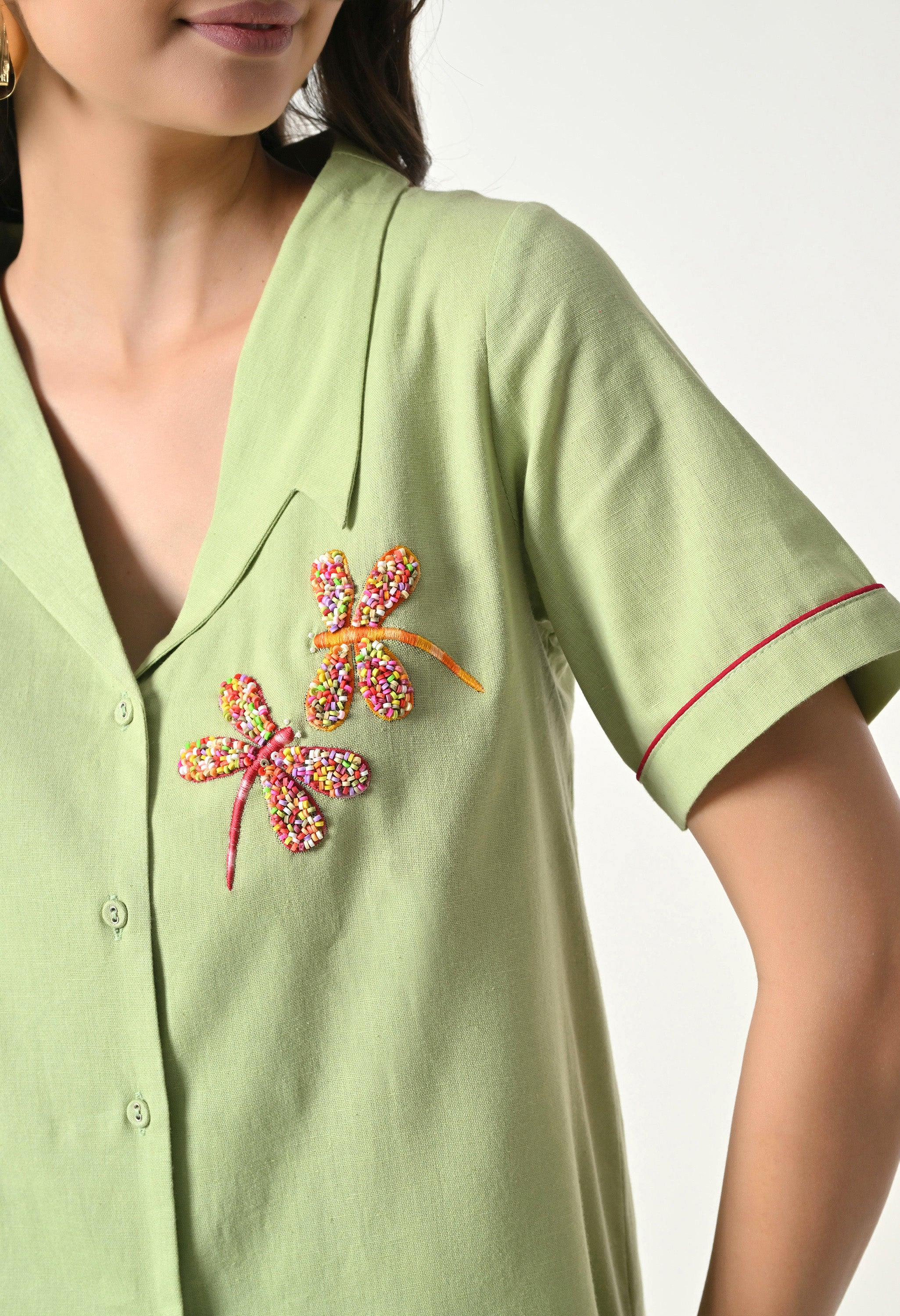 Women’s Green Floral Embroidery Half Sleeve Top &amp; Palazzo Co-Ord Set