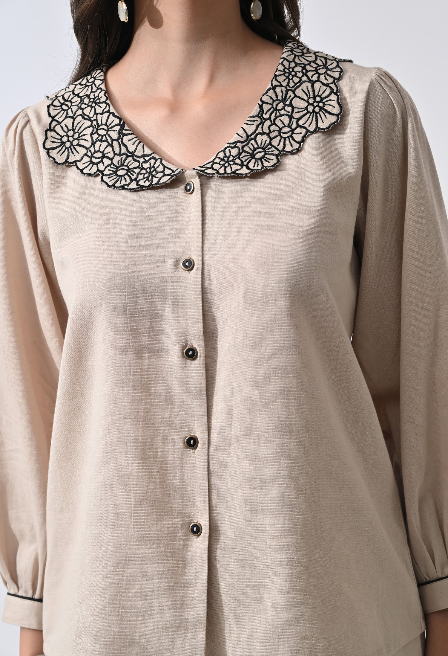 Women’s Beige Floral Embroidery Full Sleeve Top &amp; Palazzo Co-Ord Set