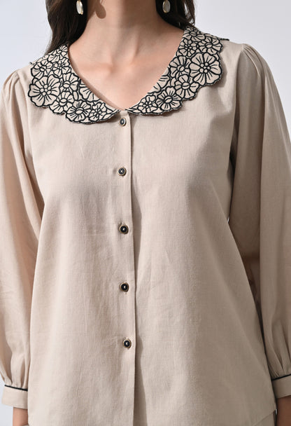 Women’s Beige Floral Embroidery Full Sleeve Top &amp; Palazzo Co-Ord Set