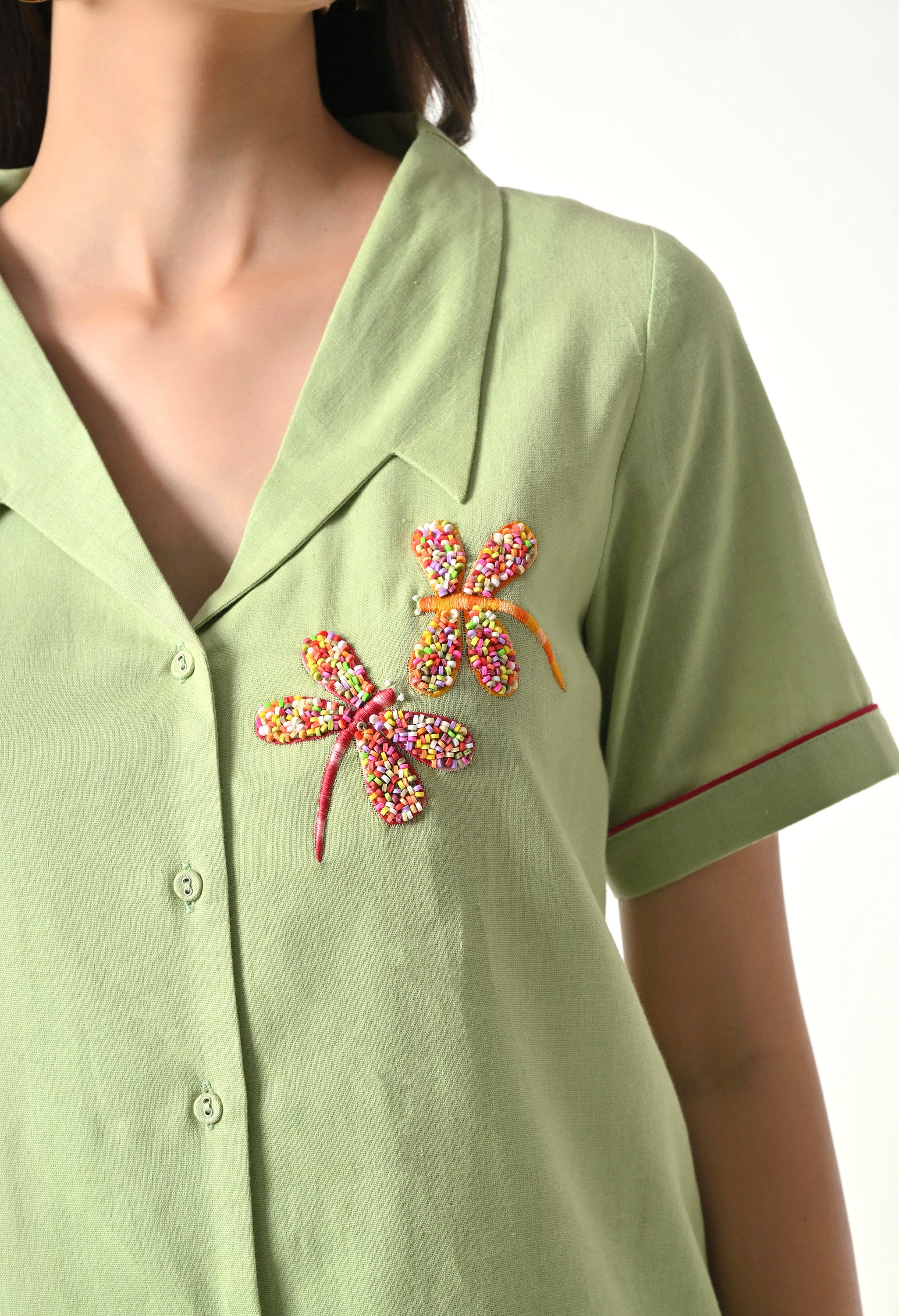 Women’s Green Floral Embroidery Half Sleeve Shirt Style Top