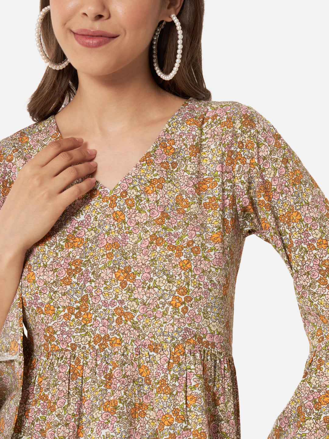 Beige Floral V-Neck Top for Women