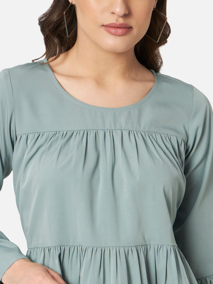 Light Green Solid Round Neck Top for Women