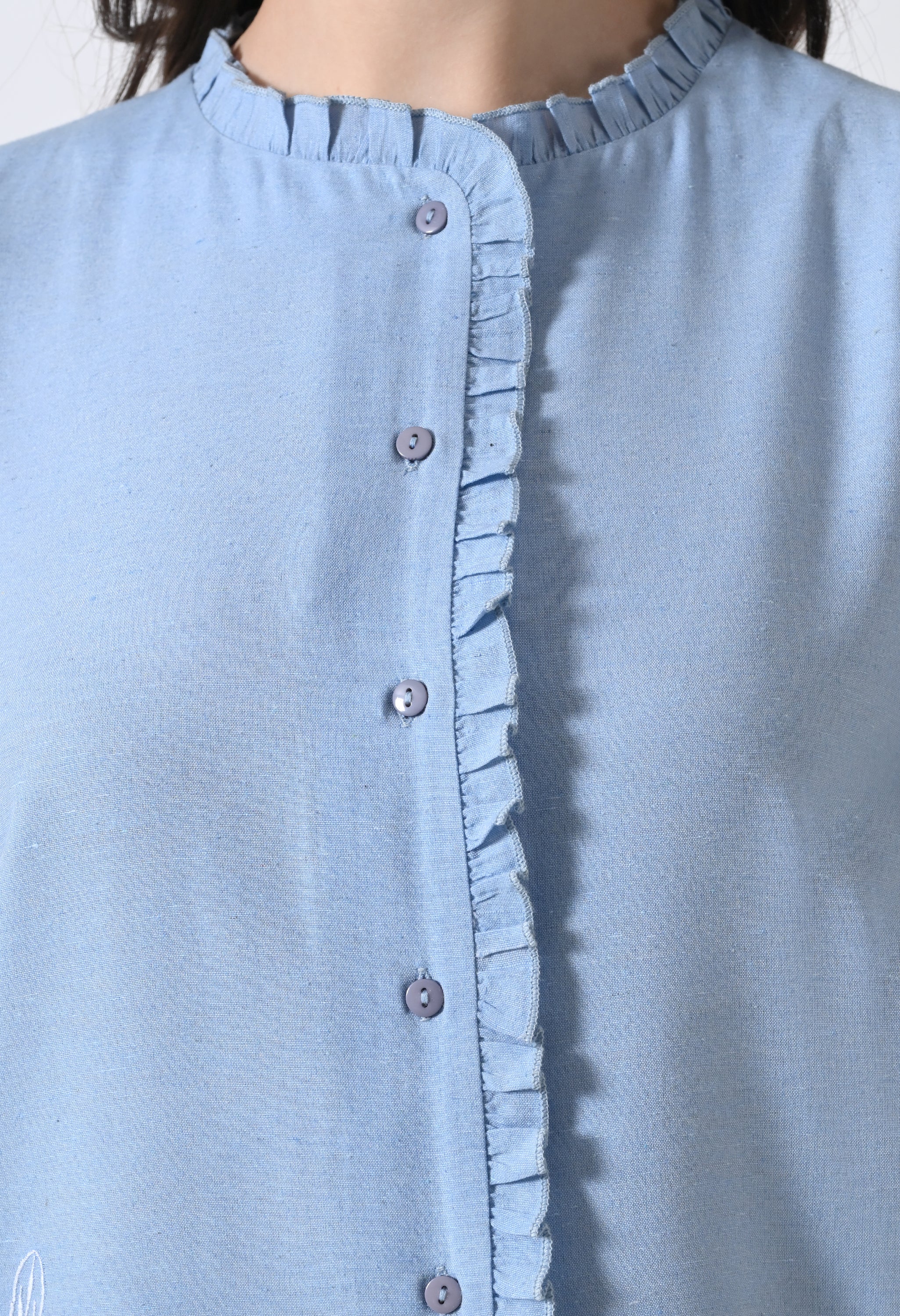 Light Blue Embroidered Shirt Style Top for Women