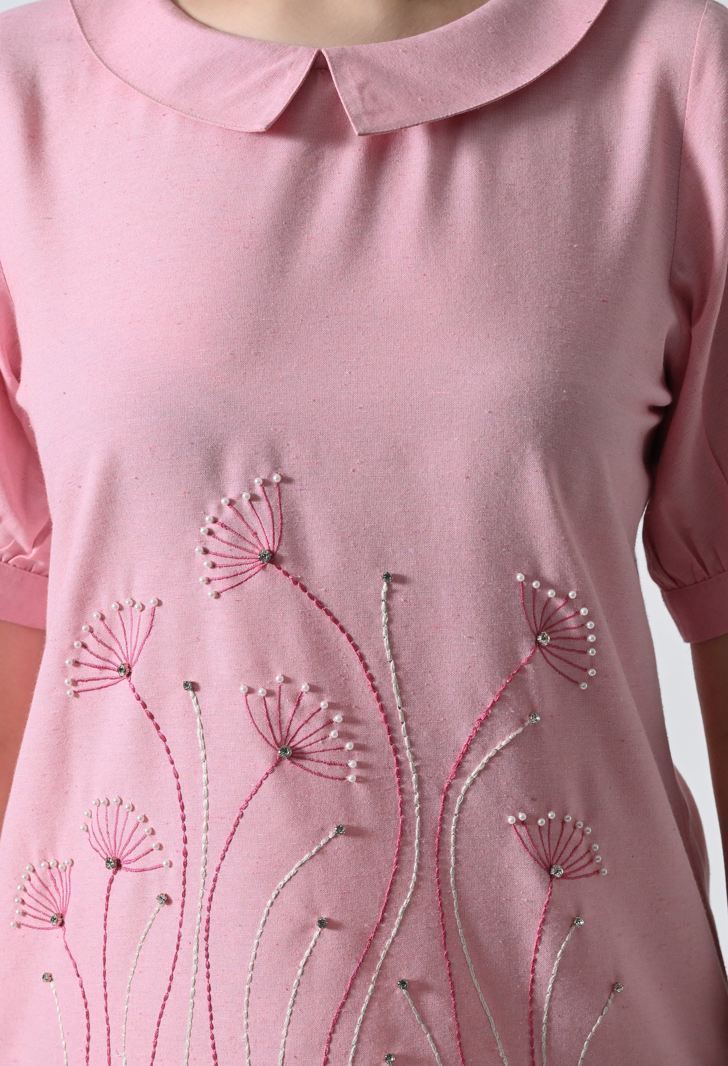 Pink Floral Embroidered Half Sleeve Top for Women