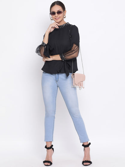 Black Embellished Neck Top for Women