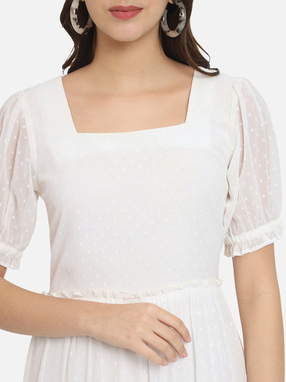 Cream Swiss Dot Half Sleeve Ankle Length Dress for Women