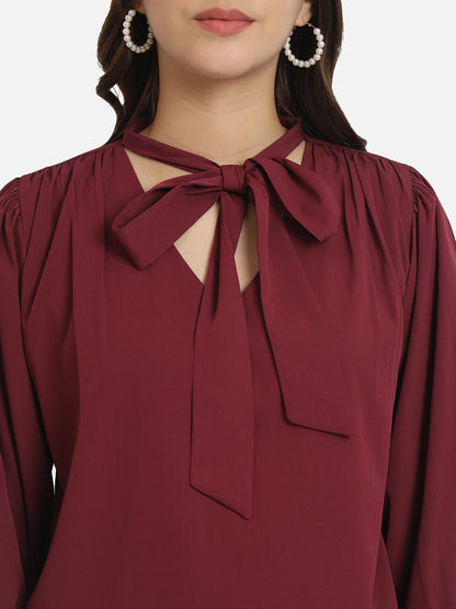 Maroon Solid Tie-Up Neck Top for Women