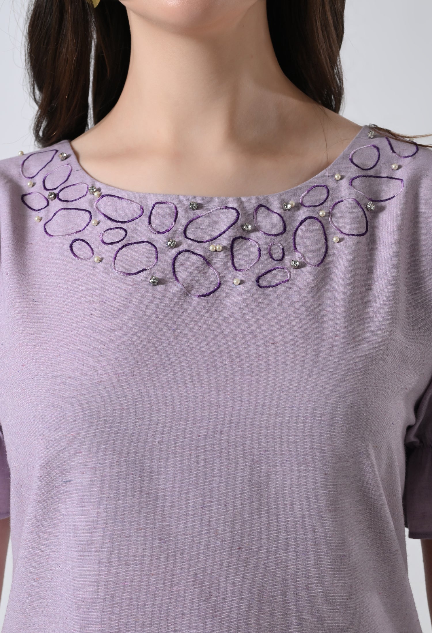 Light Purple Embroidered Half Sleeve Top for Women