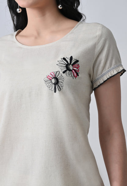 Women’s Cream Floral Embroidery Half Sleeve Top &amp; Palazzo Co-Ord Set