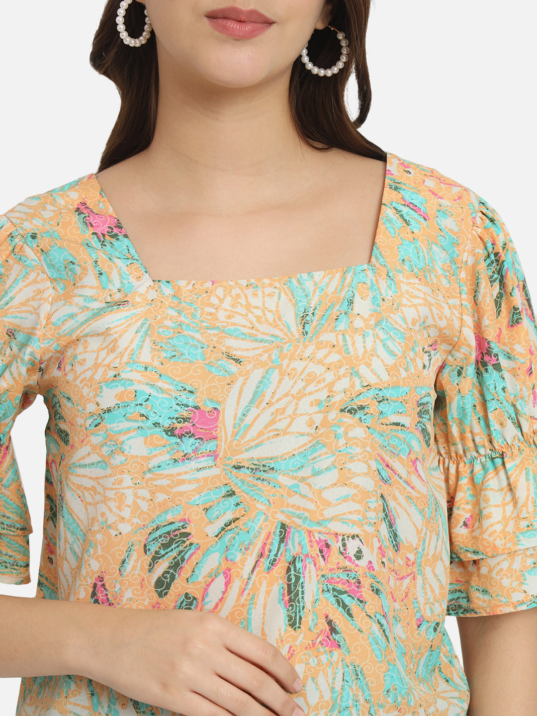 Multicolor Floral Half Bell Sleeve Top for Women