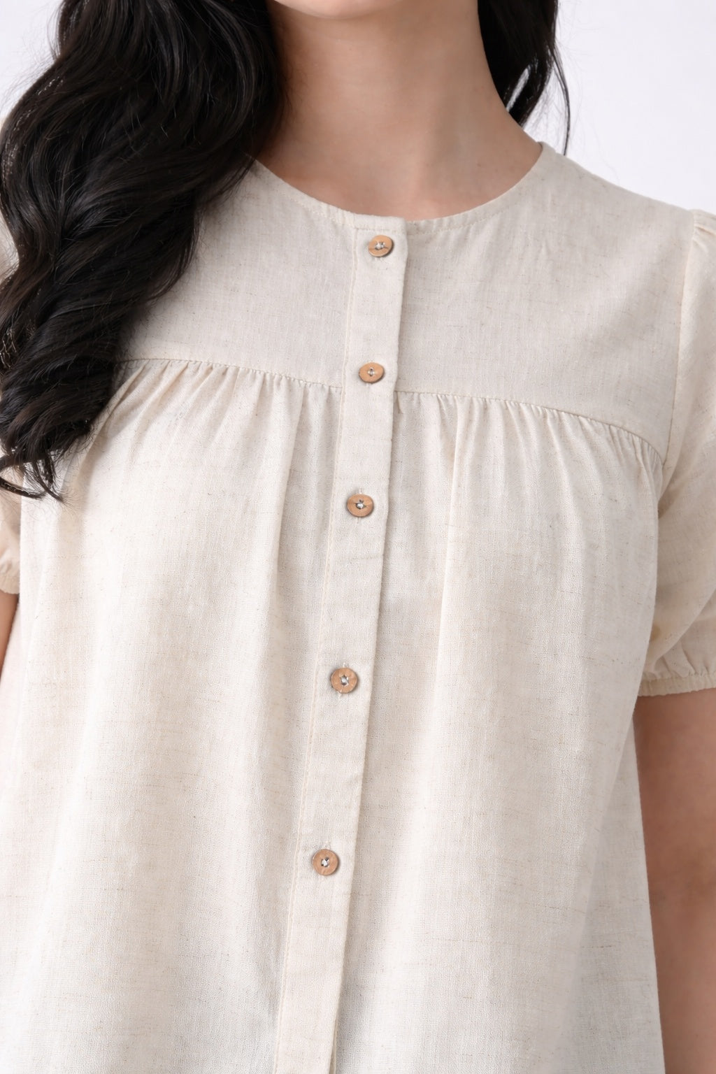 Cream Solid Half Sleeve Shirt Style Top for Women