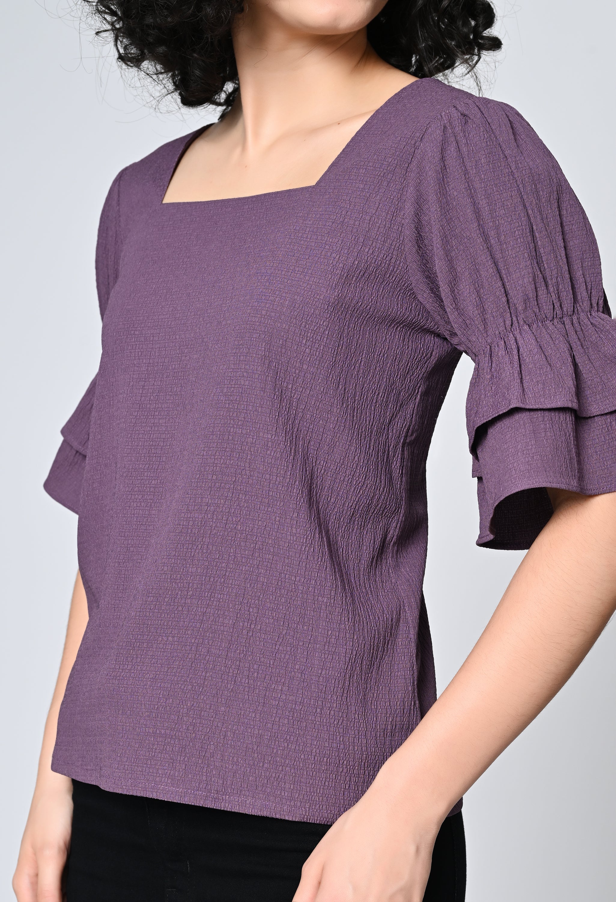 Purple Solid Half Bell Sleeve Top for Women