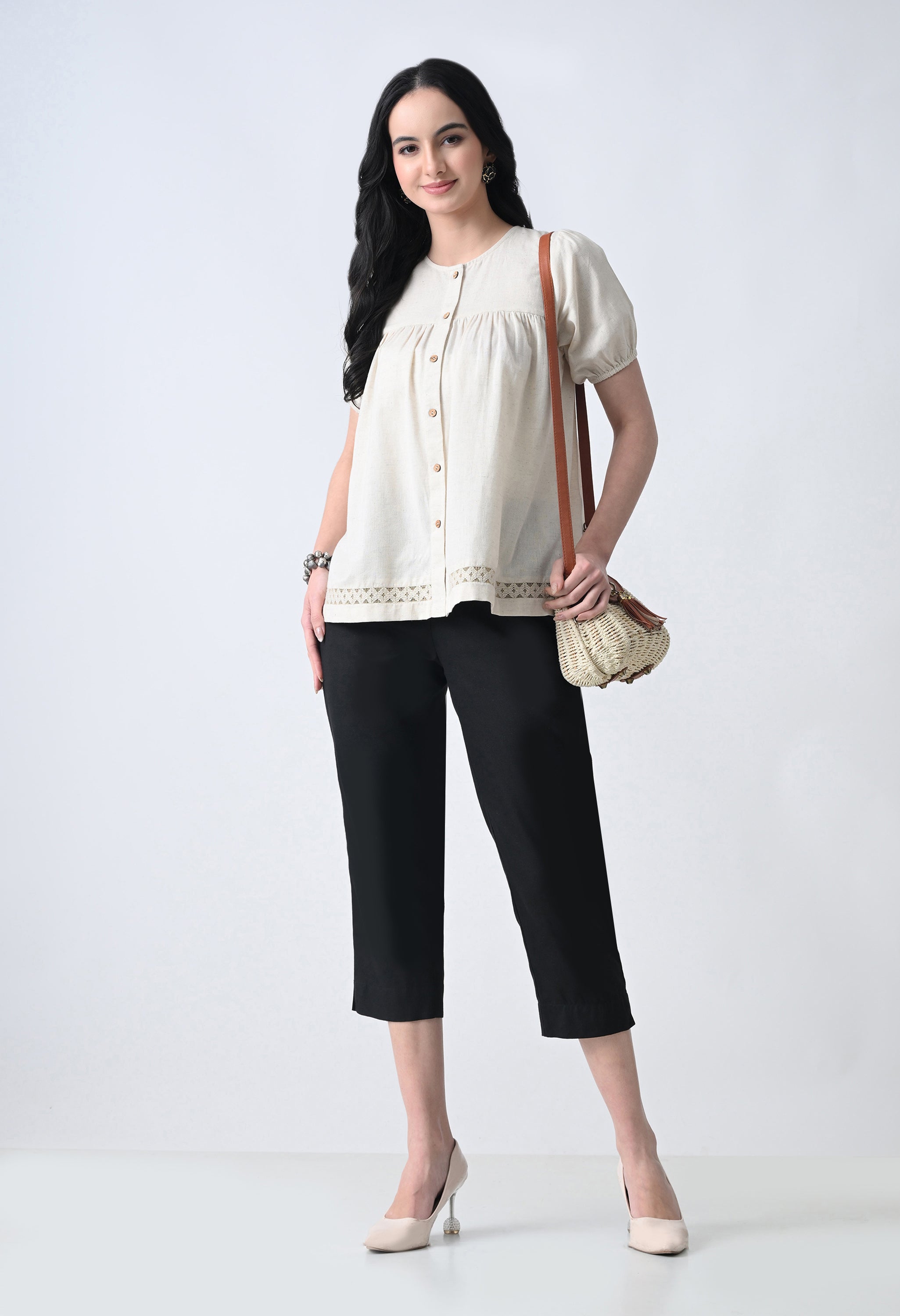 Cream Solid Half Sleeve Shirt Style Top for Women
