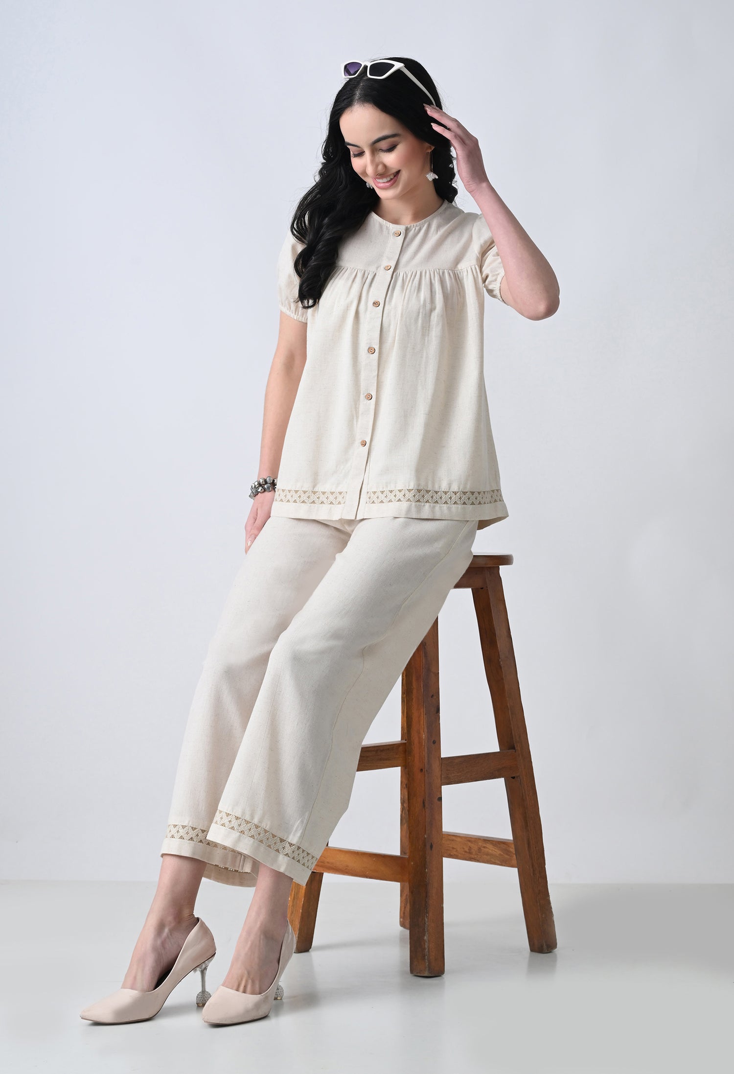 Women’s Cream Half Sleeve Top &amp; Palazzo Co-Ord Set