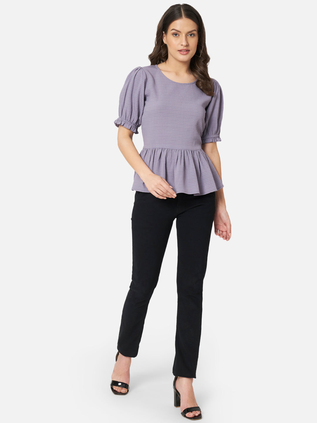 Purple Solid Round Neck Top for Women