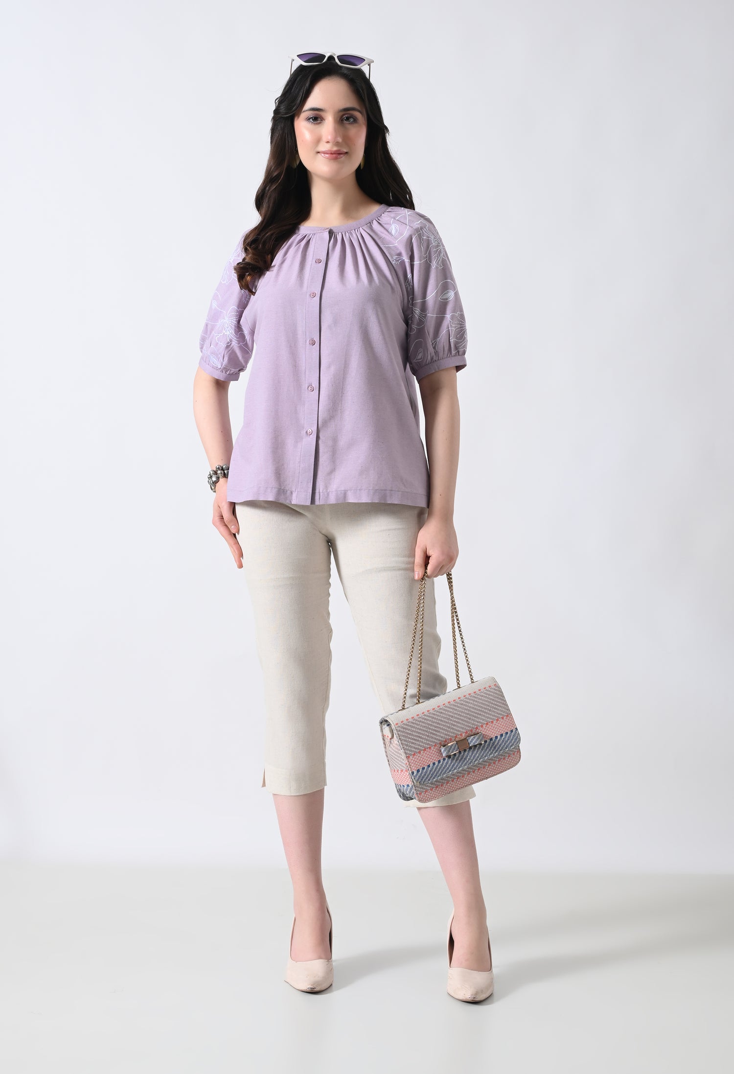 Light Purple Embroidered Half Sleeve Top for Women