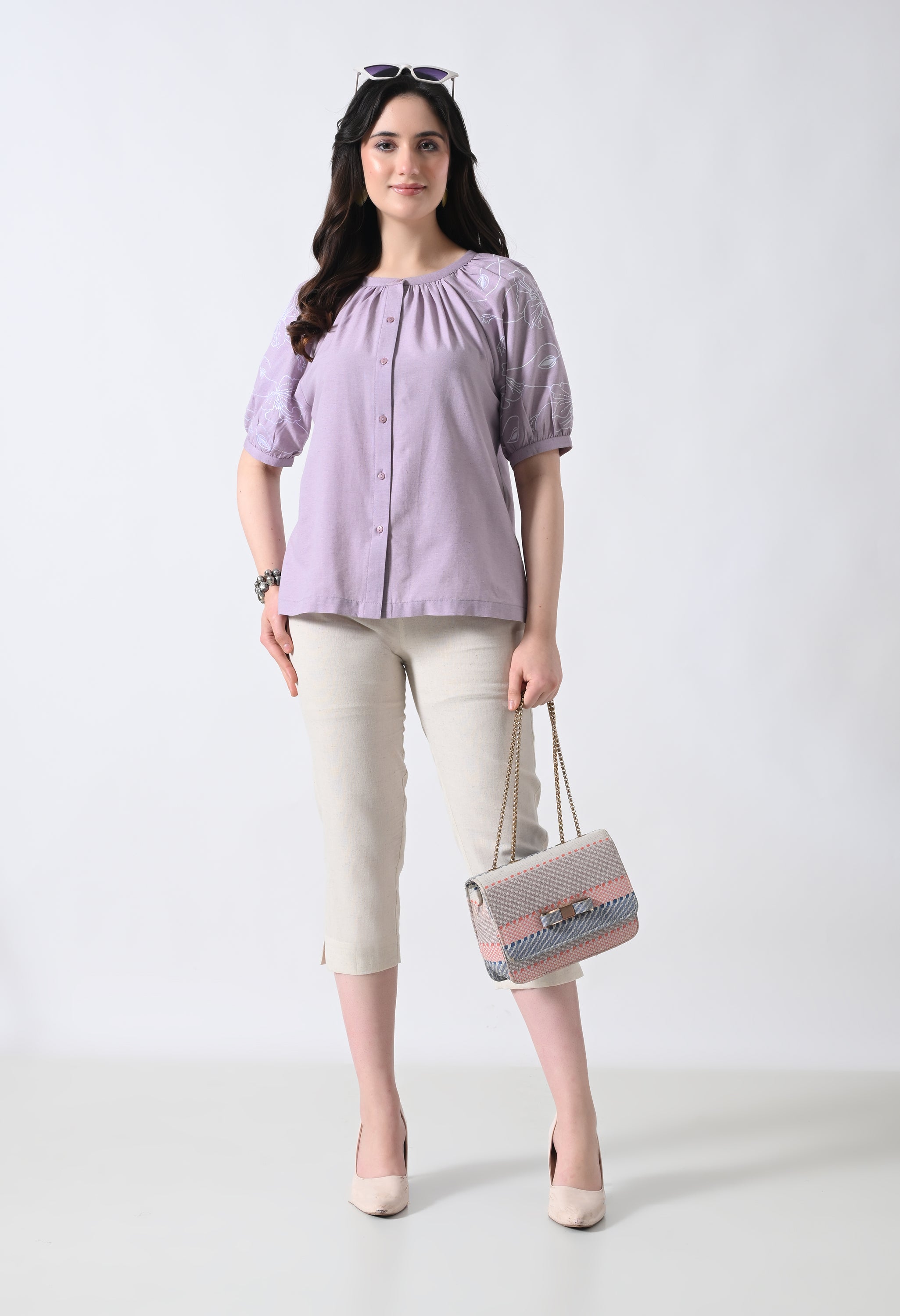 Light Purple Embroidered Half Sleeve Top for Women