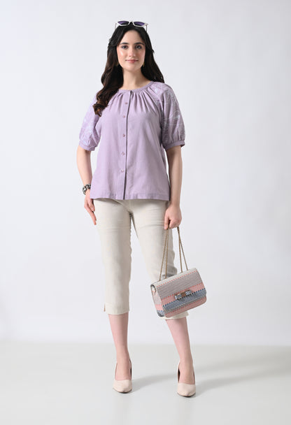 Light Purple Embroidered Half Sleeve Top for Women