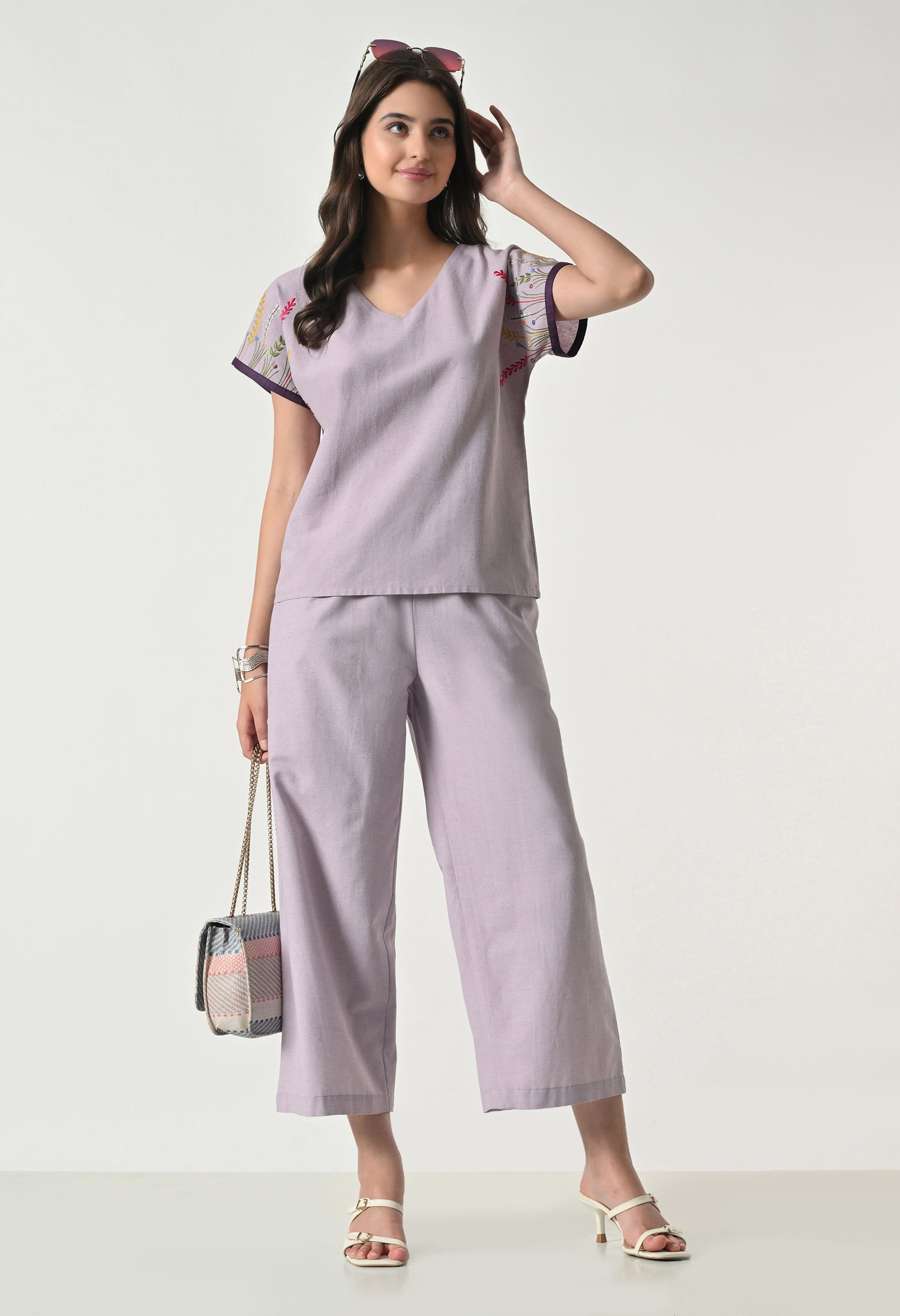 Women’s Purple Floral Embroidery Half Sleeve Top &amp; Palazzo Co-Ord Set