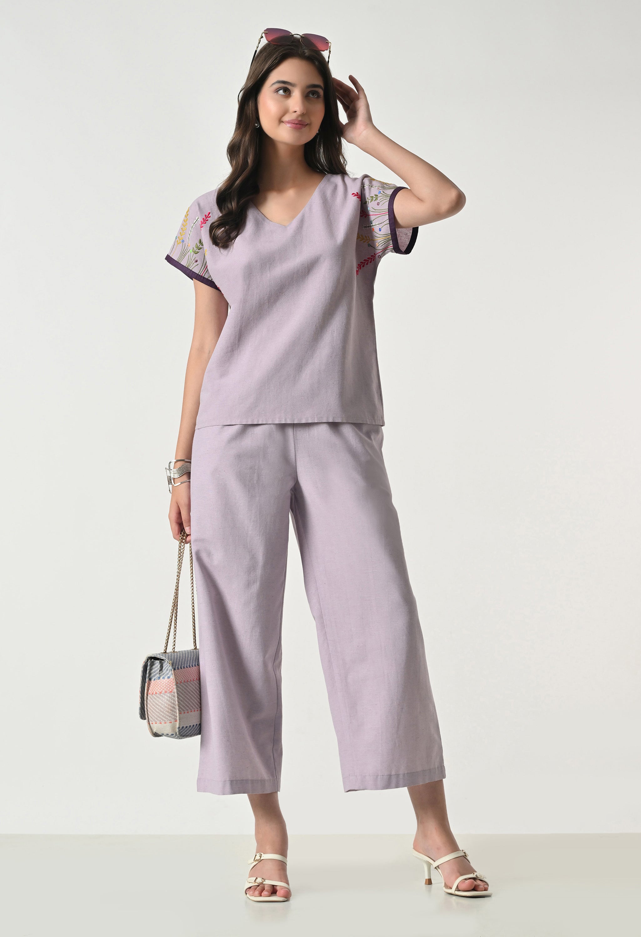 Women’s Purple Floral Embroidery Half Sleeve Top &amp; Palazzo Co-Ord Set