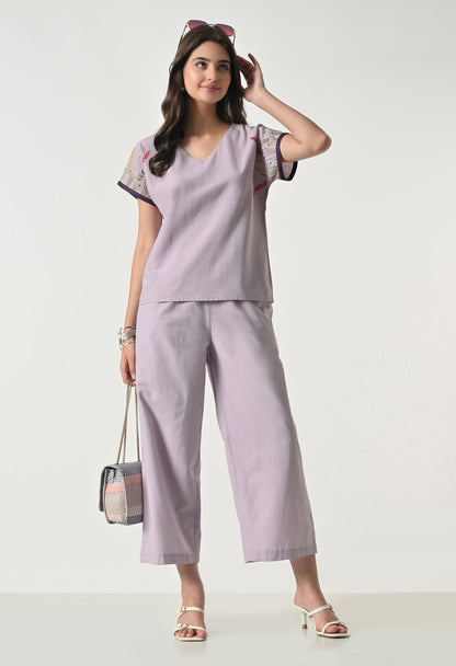 Women’s Purple Floral Embroidery Half Sleeve Top &amp; Palazzo Co-Ord Set