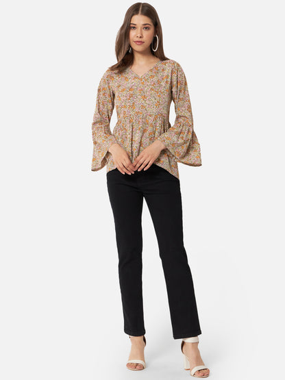 Beige Floral V-Neck Top for Women