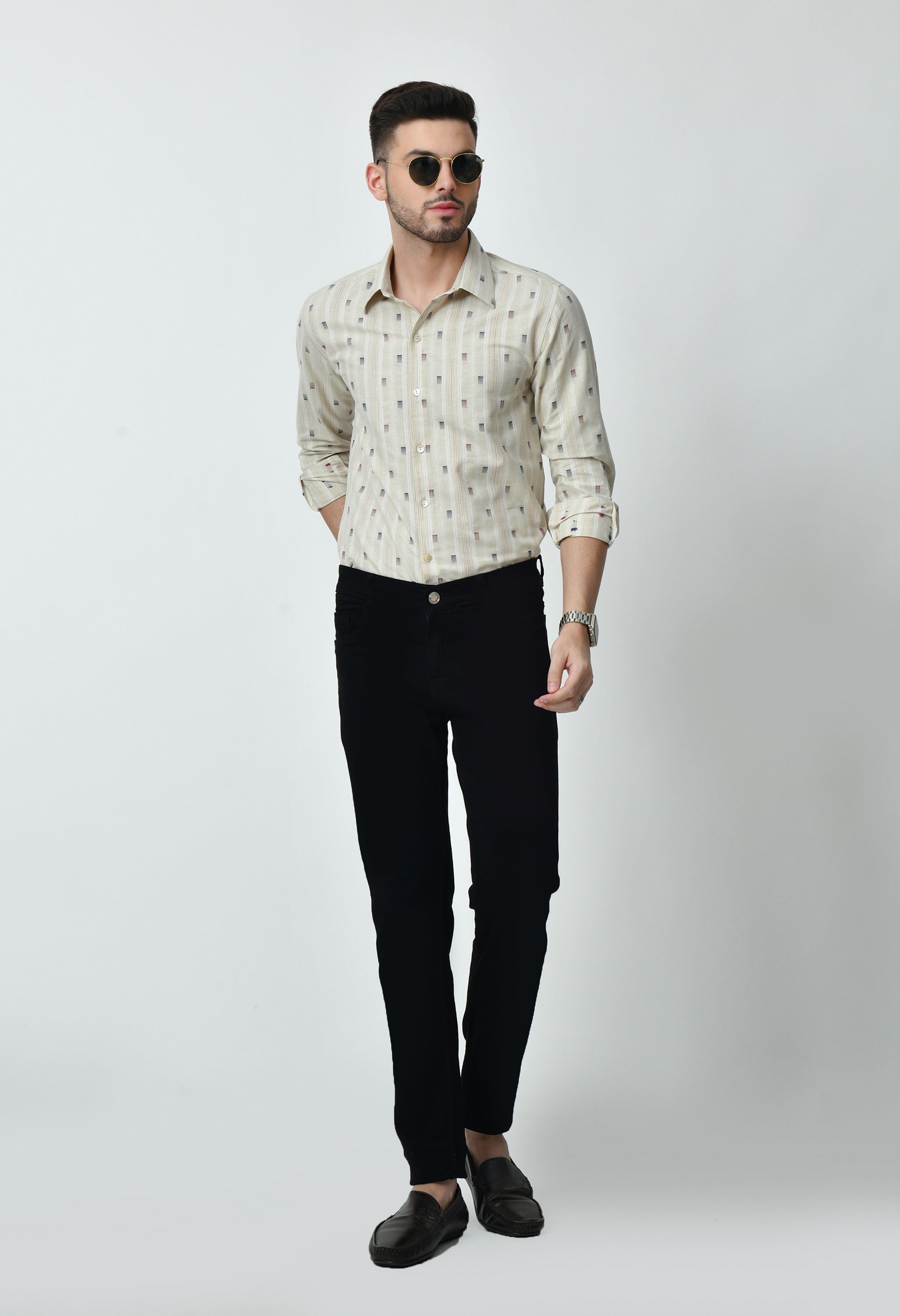 Beige Printed Full Cuff Sleeve Cotton Blend Shirt for Men