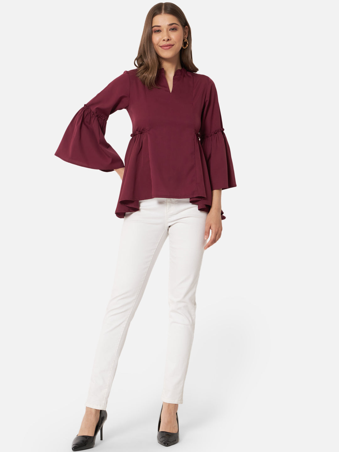 Maroon Solid Bell Sleeve Top for Women