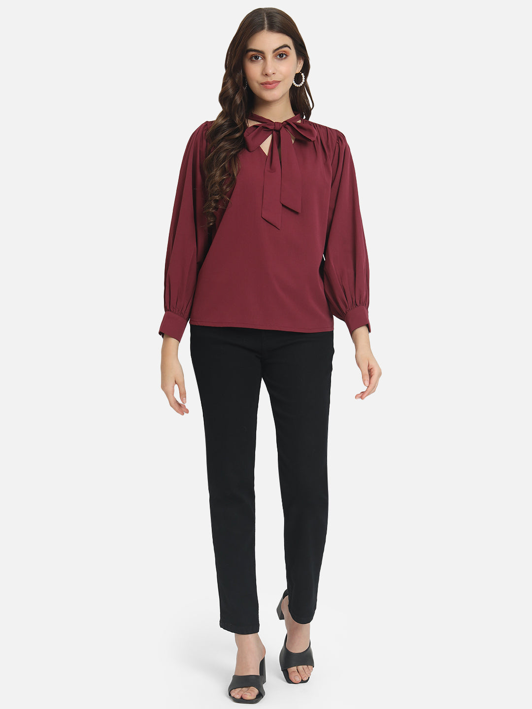 Maroon Solid Tie-Up Neck Top for Women