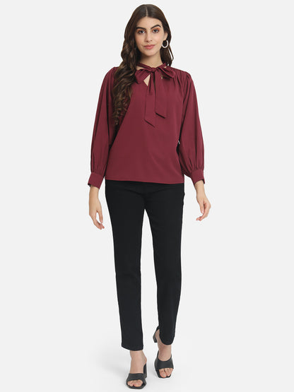 Maroon Solid Tie-Up Neck Top for Women