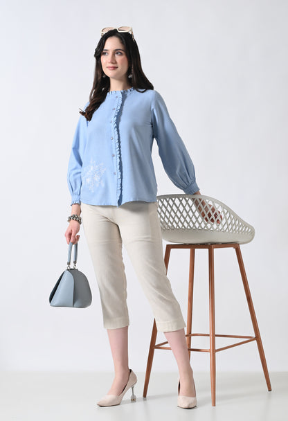 Light Blue Embroidered Shirt Style Top for Women