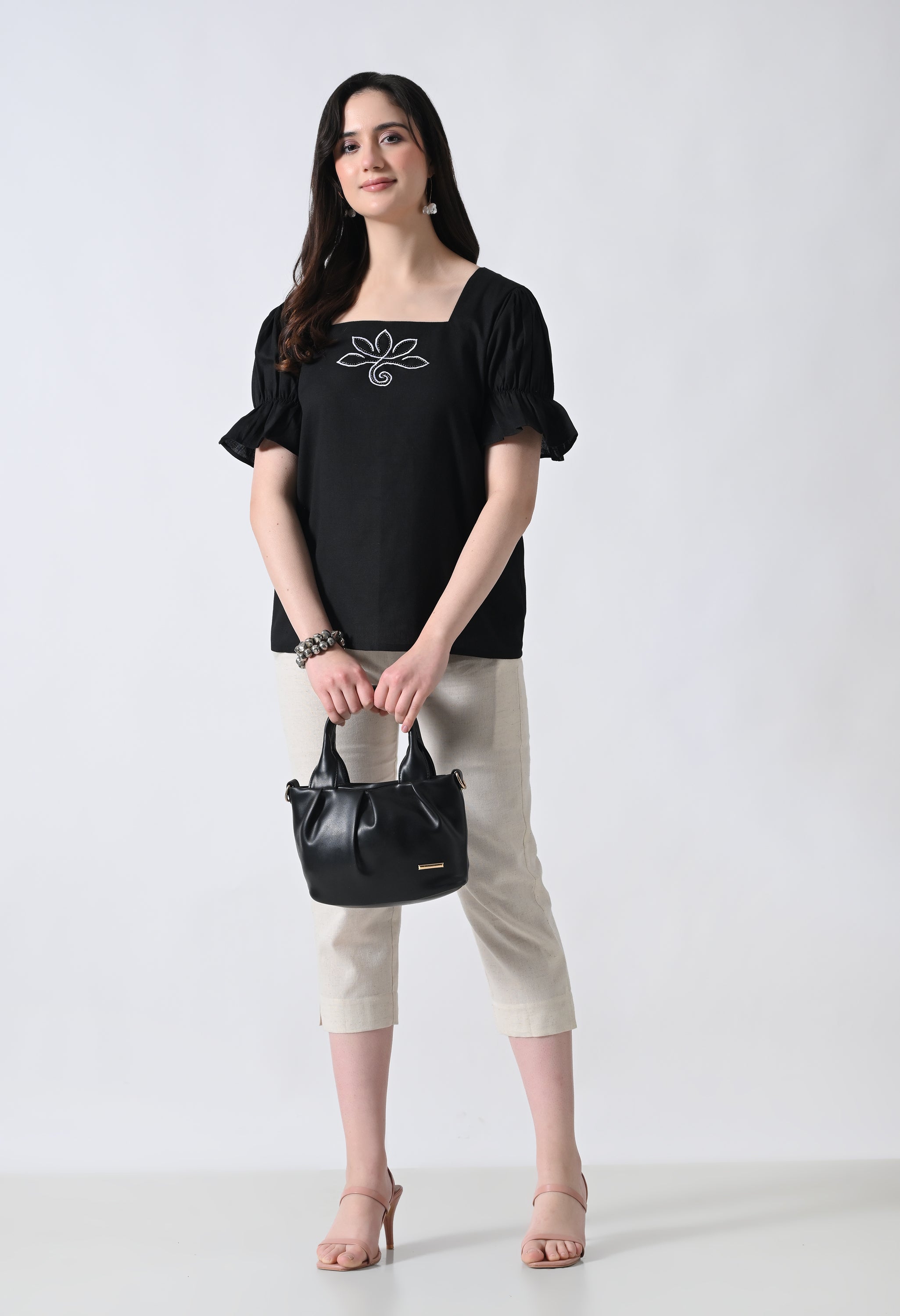 Black Embroidered Bell Sleeve Top for Women
