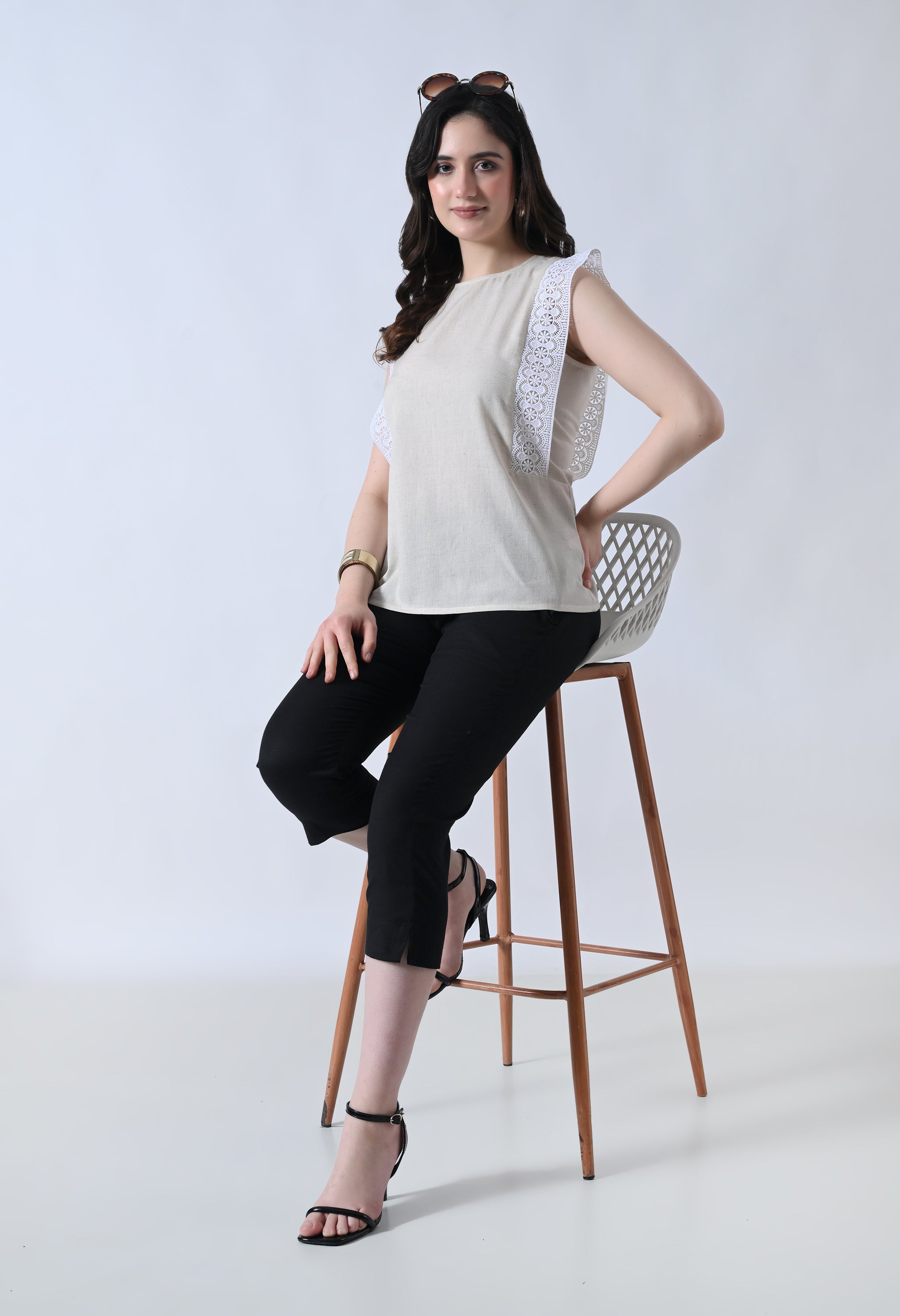 Cream Solid Sleeveless Top for Women