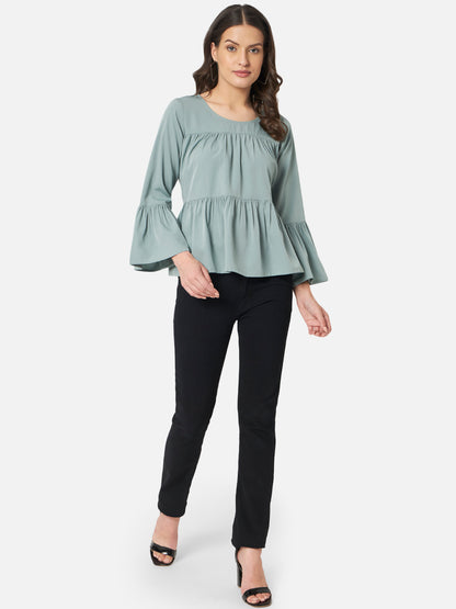 Light Green Solid Round Neck Top for Women