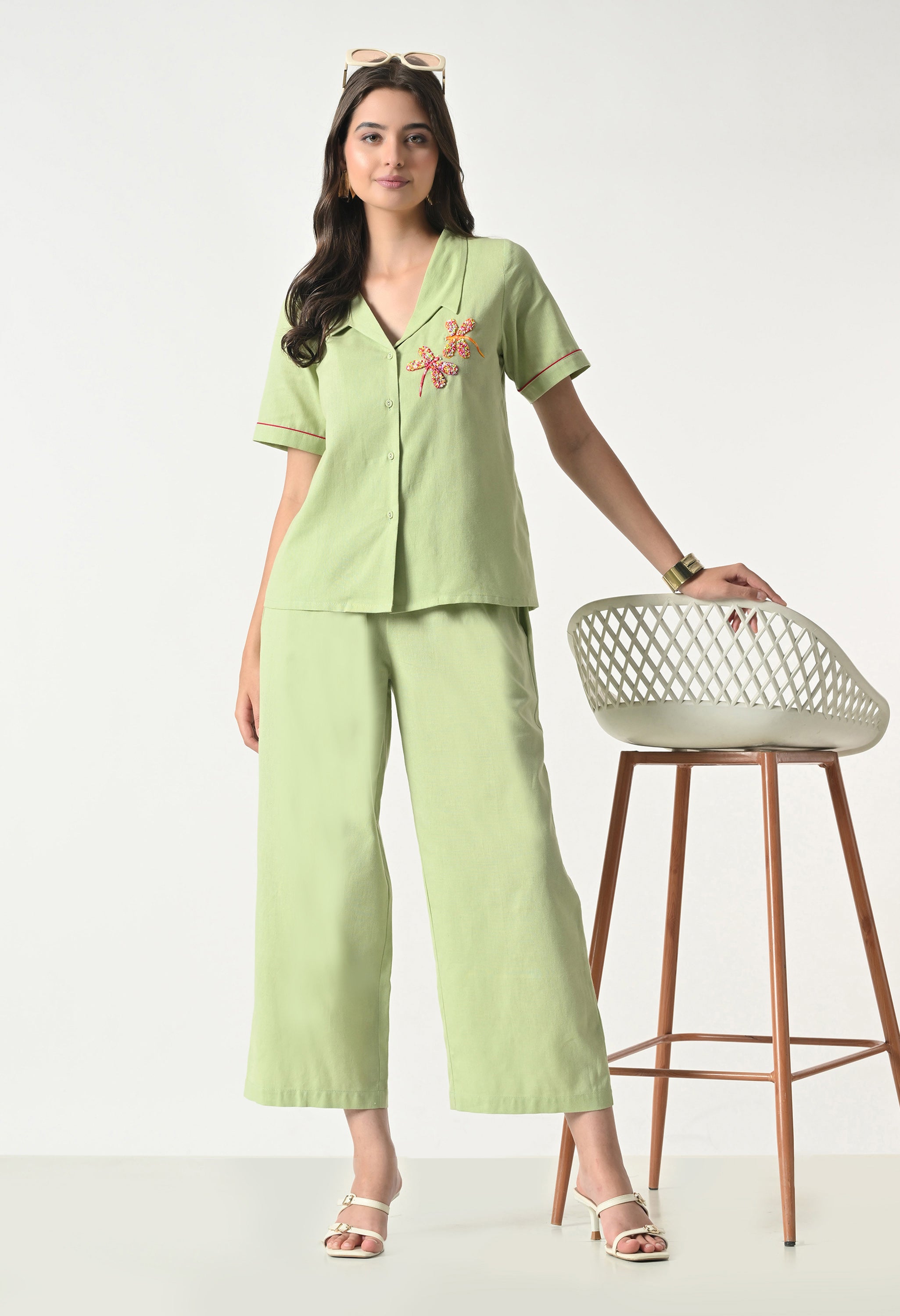 Women’s Green Floral Embroidery Half Sleeve Top &amp; Palazzo Co-Ord Set