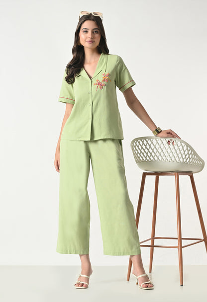 Women’s Green Floral Embroidery Half Sleeve Top &amp; Palazzo Co-Ord Set