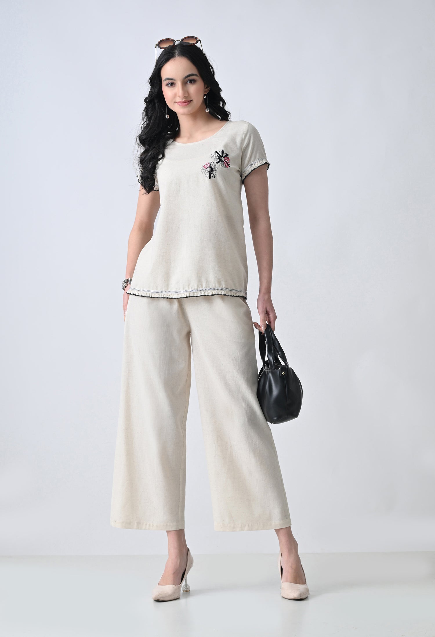 Women’s Cream Floral Embroidery Half Sleeve Top &amp; Palazzo Co-Ord Set