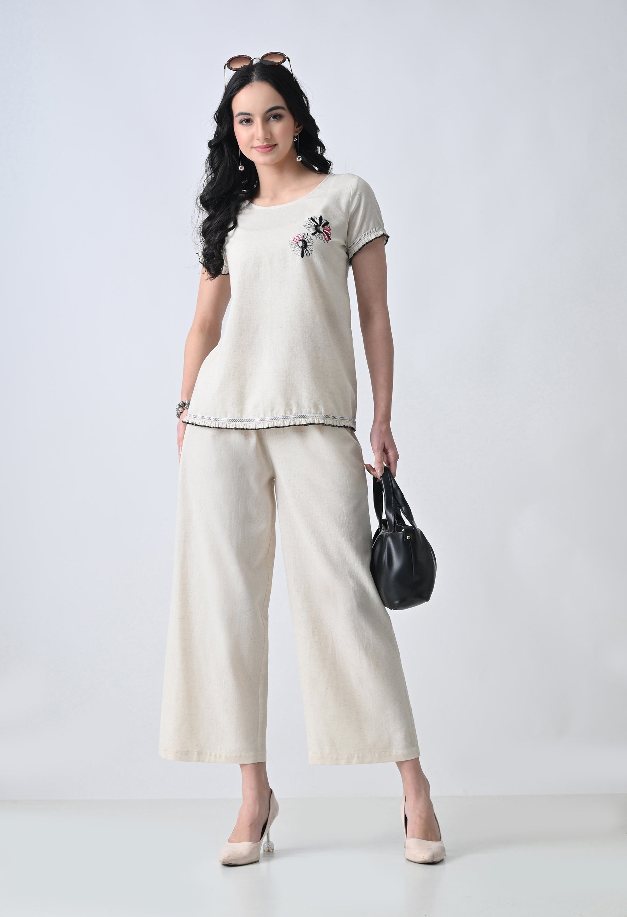 Women’s Cream Floral Embroidery Half Sleeve Top &amp; Palazzo Co-Ord Set