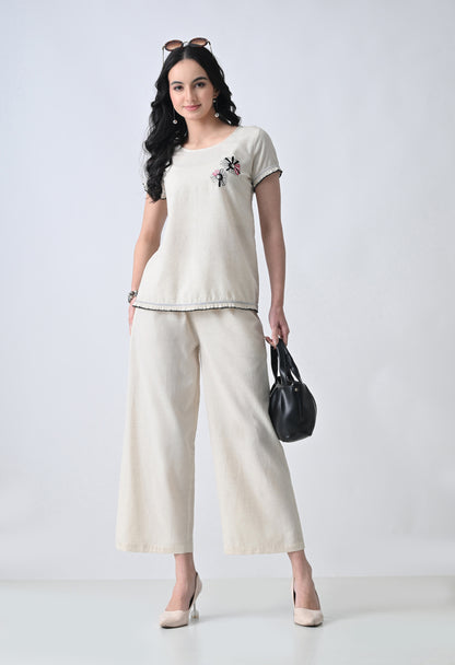 Women’s Cream Floral Embroidery Half Sleeve Top &amp; Palazzo Co-Ord Set
