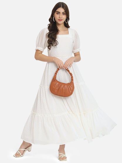 Cream Swiss Dot Half Sleeve Ankle Length Dress for Women