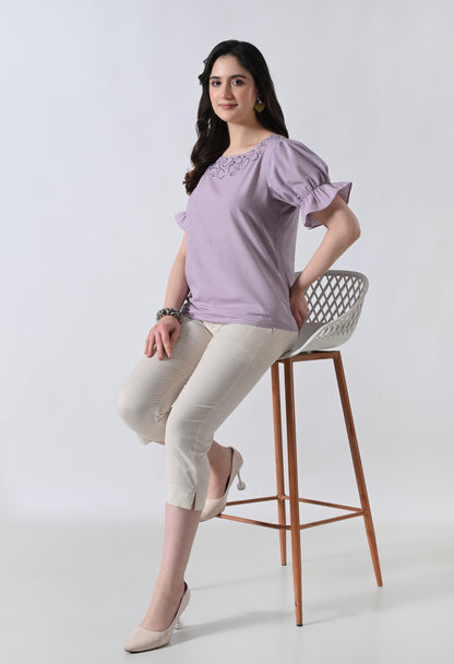 Light Purple Embroidered Half Sleeve Top for Women