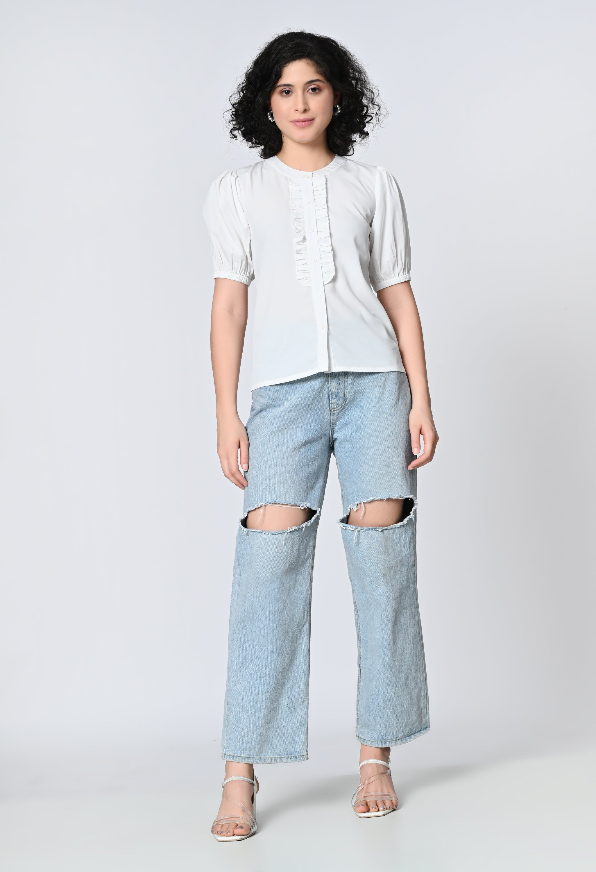 Solid White Half Sleeve Top for Women